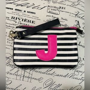 Betsy Johnson Leather Monogrammed “J” Wristlet Pink, White & Black Stripes